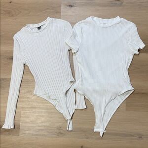 2 Elegant White Ribbed Women body suites long short sleeve